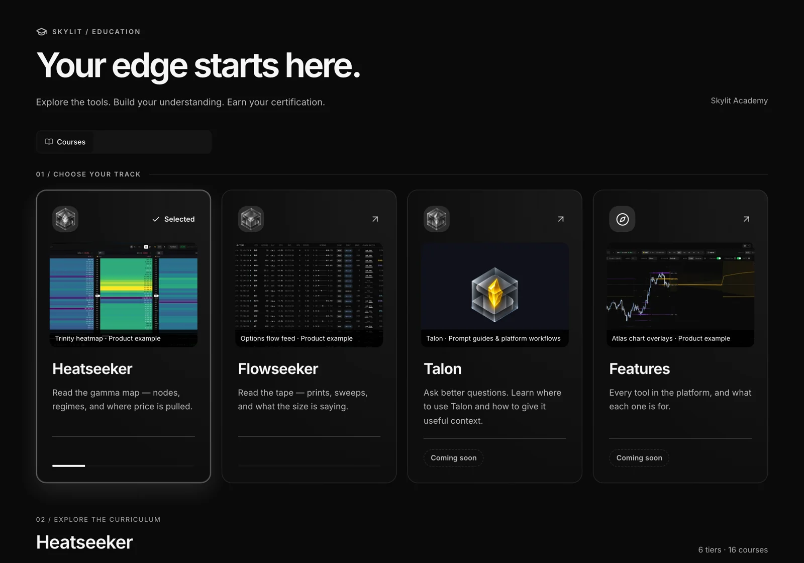 Skylit Academy: choose a track, with the Heatseeker and Flowseeker tracks live and Talon and Features coming soon