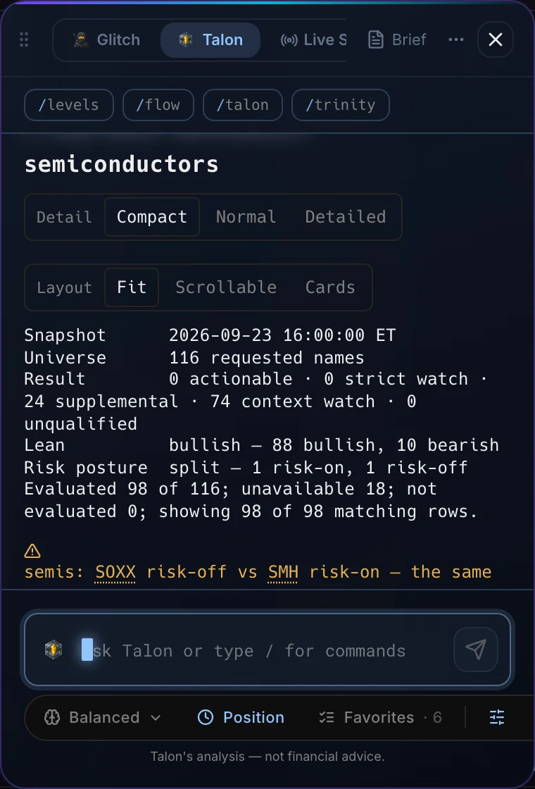 The Aegis panel over Flowseeker, on its Talon tab, with a semiconductor sector scan: 116 names, the lean and a risk note