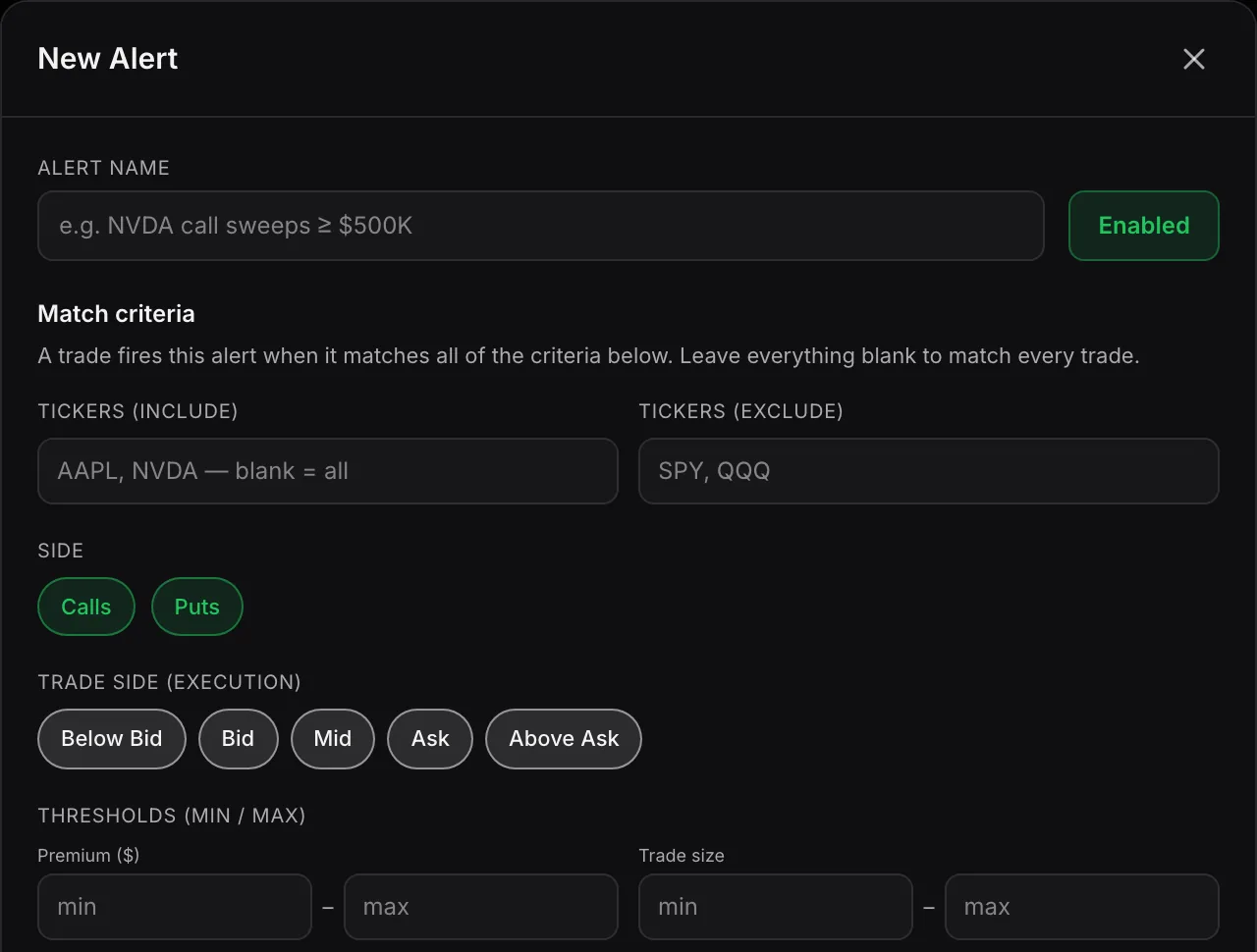 New Flow Alert form with tickers, calls or puts, trade side and premium thresholds