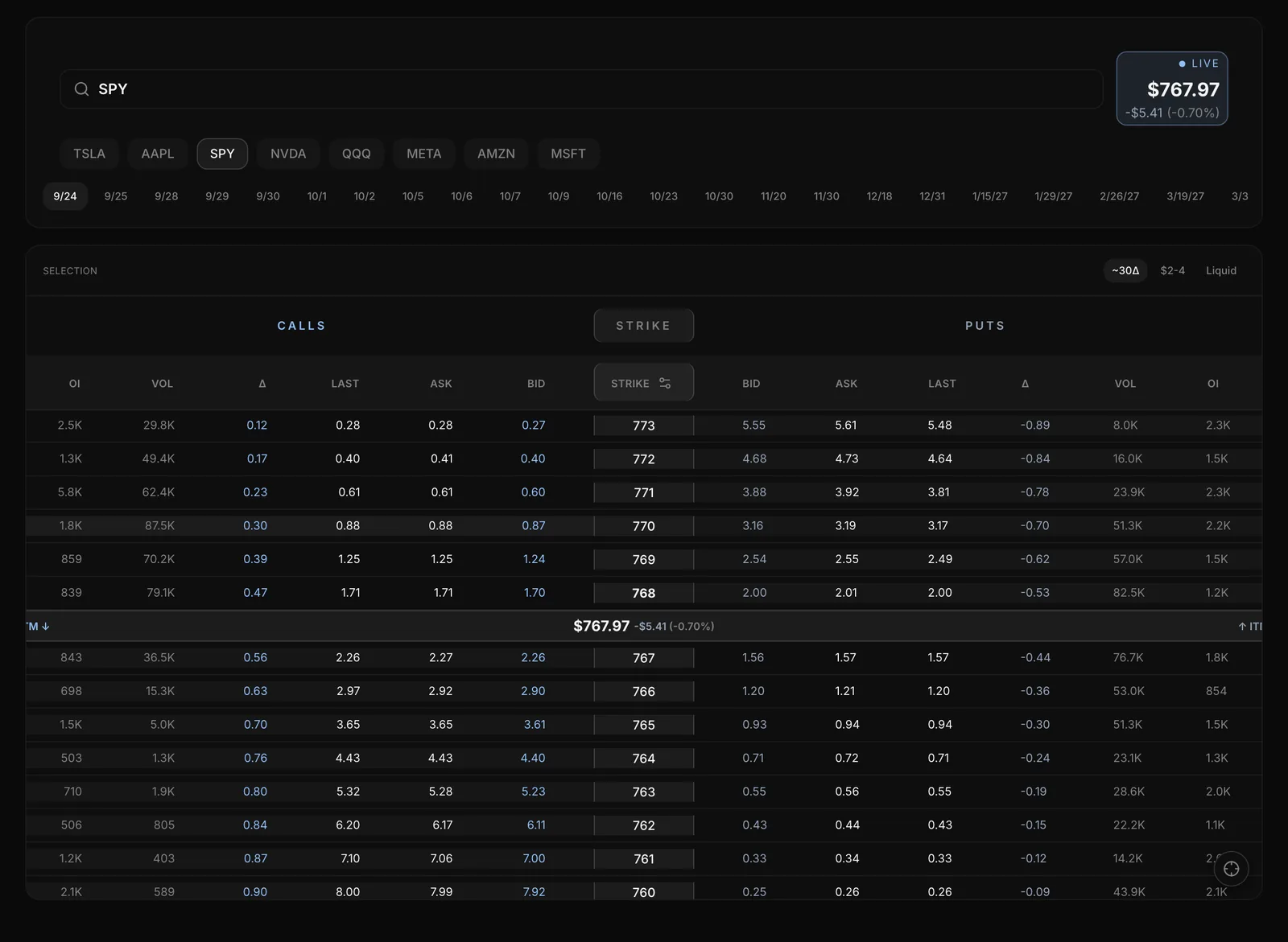 Nexus New Trade with a live SPY options chain