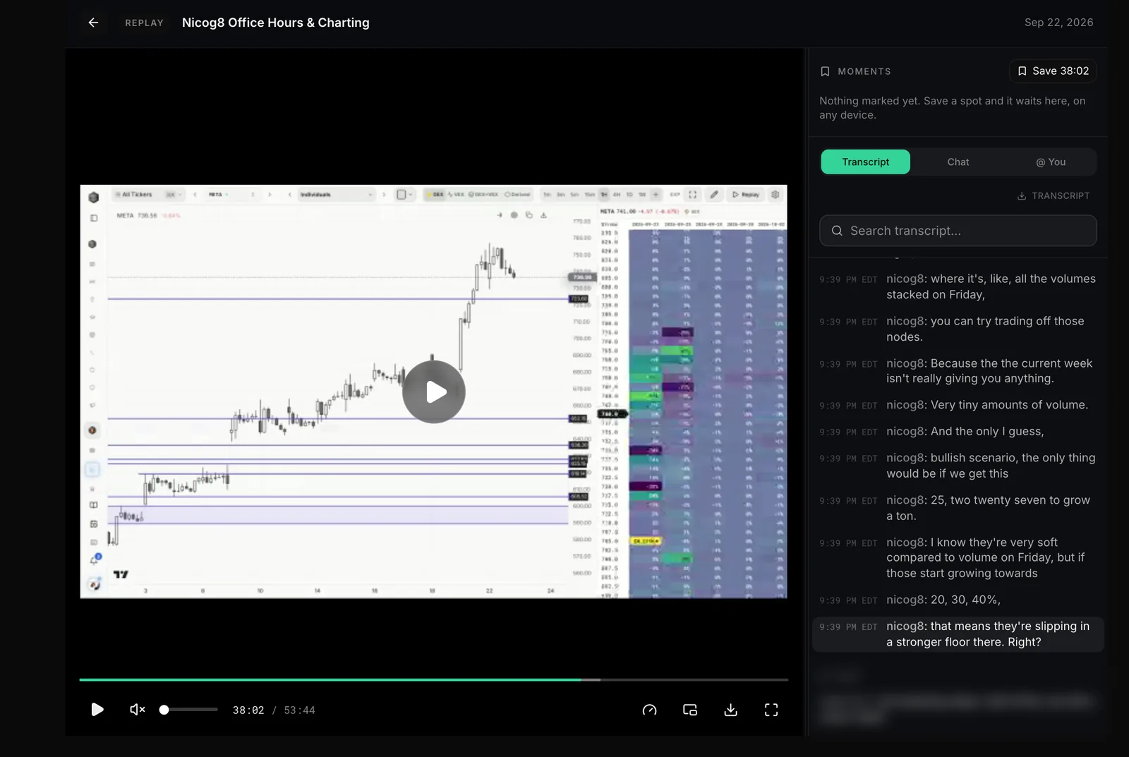 A Live Stages replay: the recorded screen share with playback controls, Moments and the searchable transcript beside it