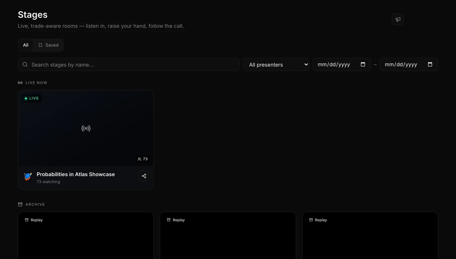 Live Stages: a live room with its listener count, and the archive of past stages