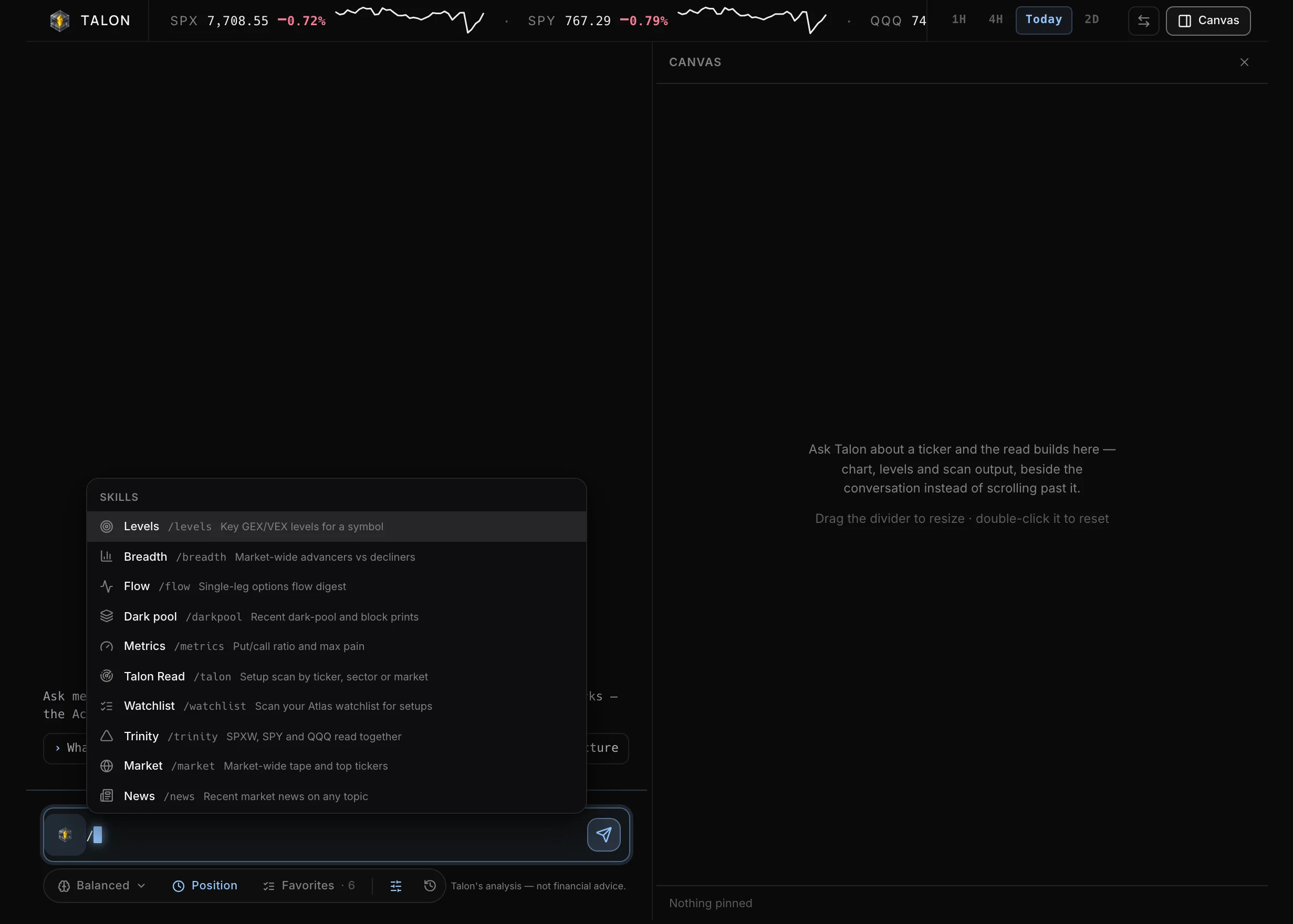 Talon's skills menu: Levels, Breadth, Flow, Dark pool, Metrics, Talon Read, Watchlist, Trinity, Market and News