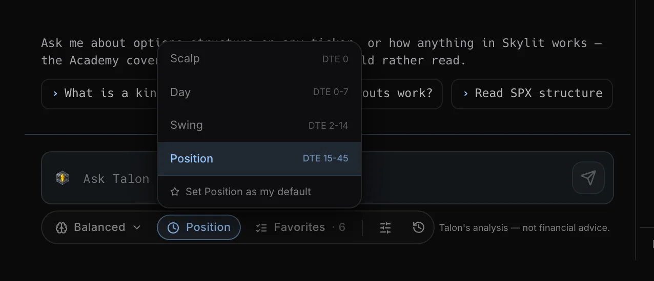 Talon timeframe menu showing Scalp, Day, Swing and Position with their DTE ranges