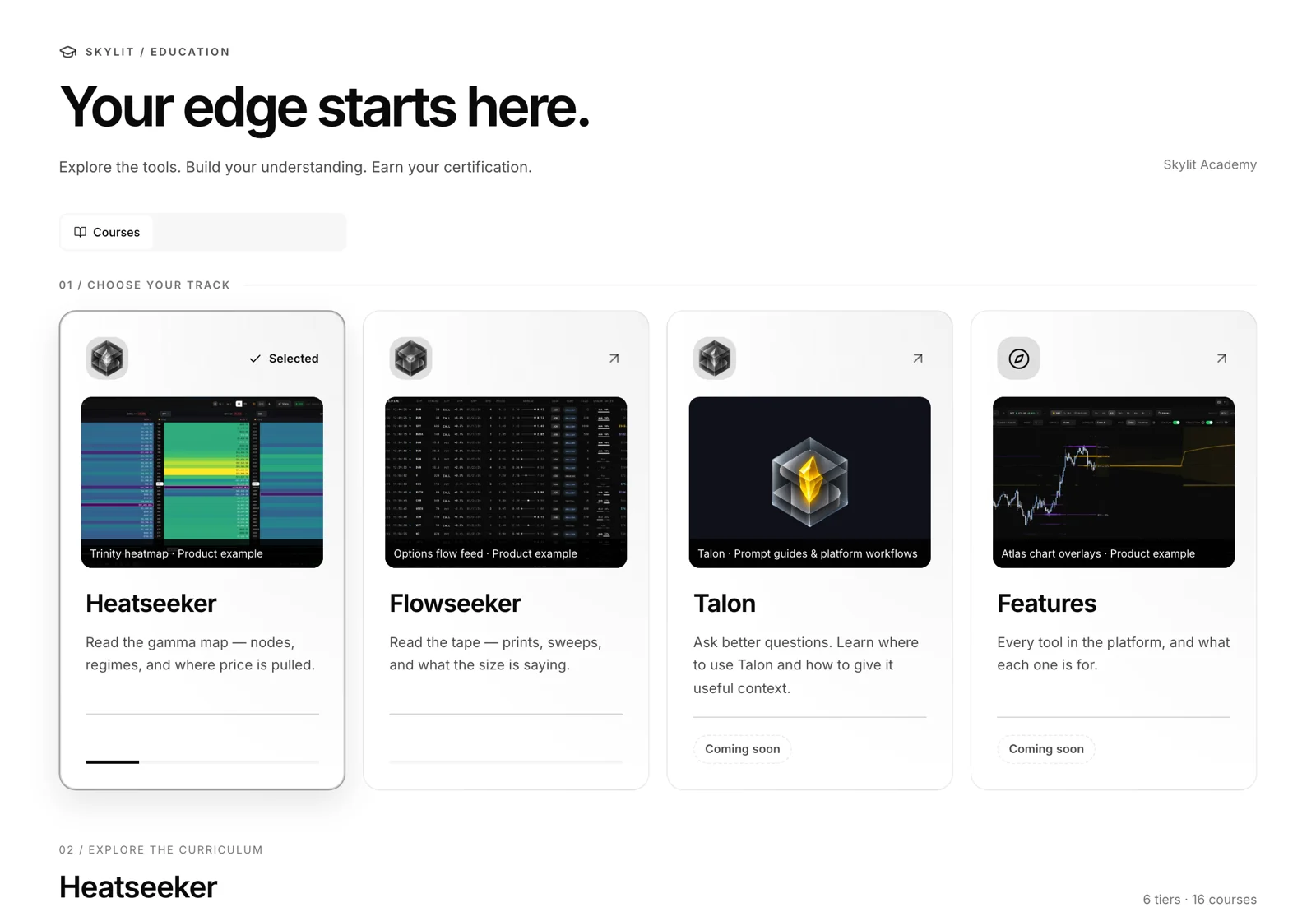 Skylit Academy: choose a track, with the Heatseeker and Flowseeker tracks live and Talon and Features coming soon