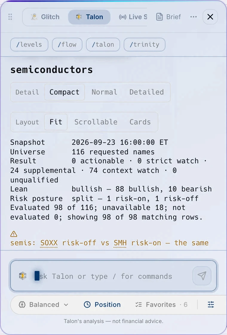 The Aegis panel over Flowseeker, on its Talon tab, with a semiconductor sector scan: 116 names, the lean and a risk note