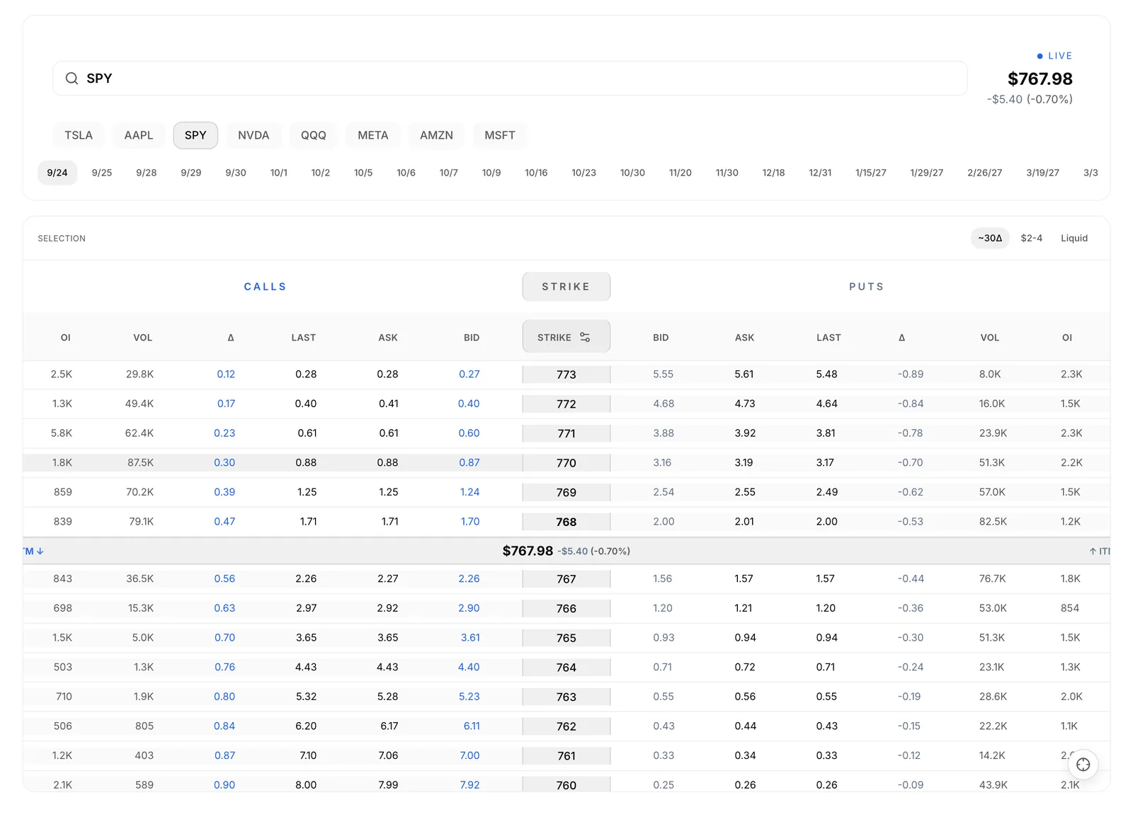Nexus New Trade with a live SPY options chain