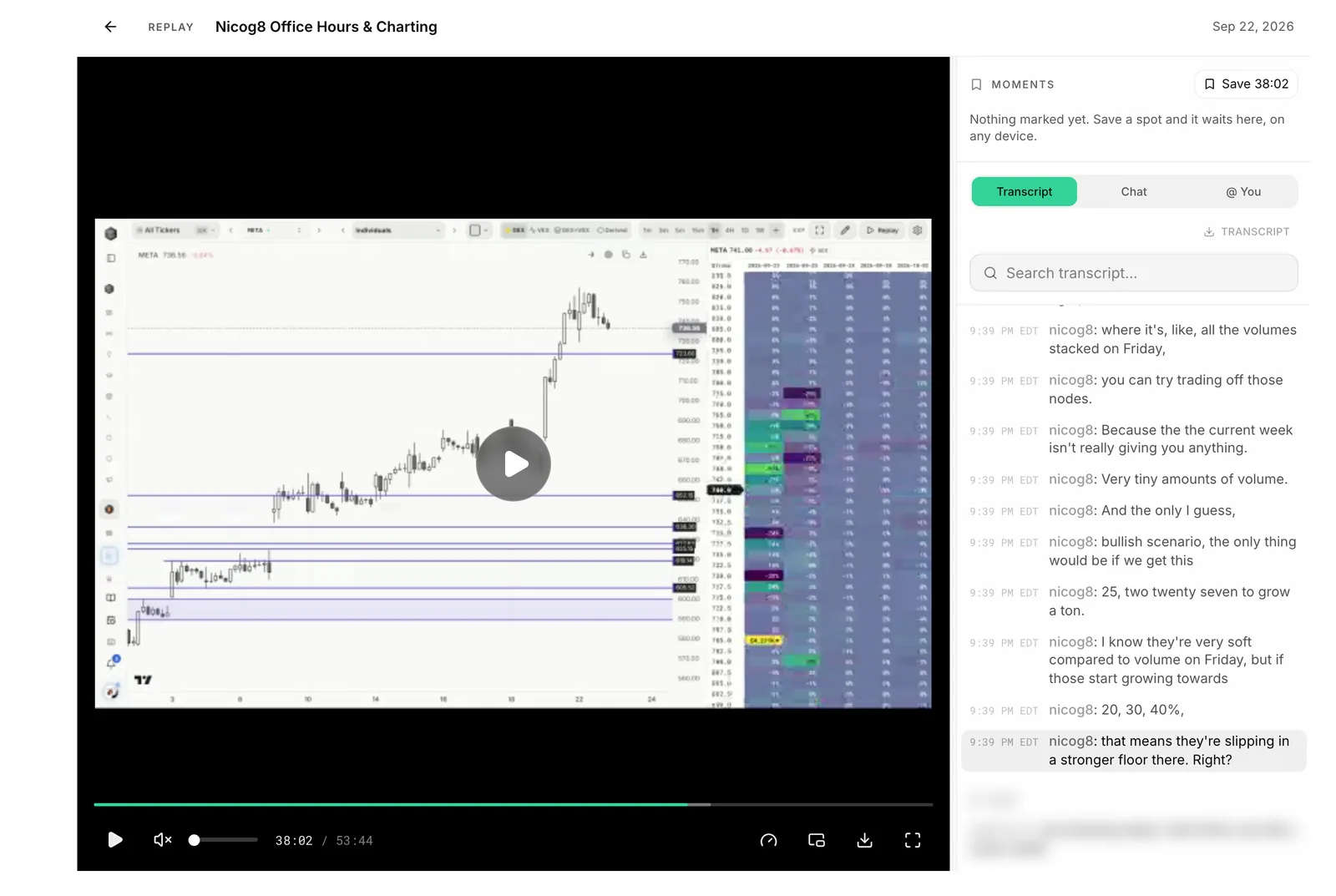 A Live Stages replay: the recorded screen share with playback controls, Moments and the searchable transcript beside it