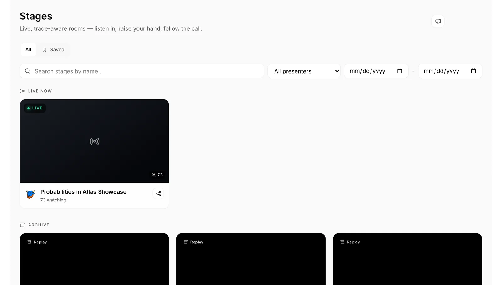 Live Stages: a live room with its listener count, and the archive of past stages