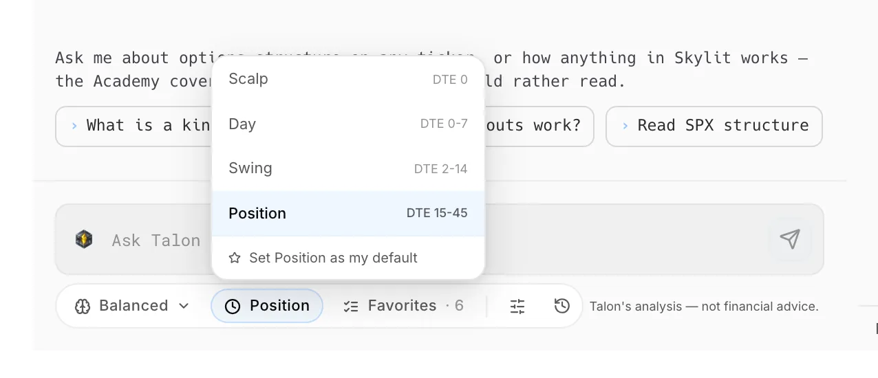 Talon timeframe menu showing Scalp, Day, Swing and Position with their DTE ranges